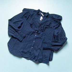 NEW LOFT Navy Blue Long Sleeve Ruffle Shoulder Button Front Peasant Top Size XL